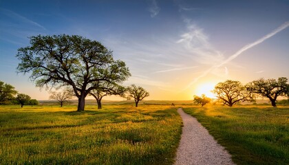 Fototapeta premium Trees In A Field With Walking Paths In The Texas Hill Country At Sunrise During Spring