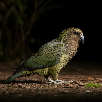 New Zealand kaka parrot with dark green plumage in dramatic cinematic 4K forest lighting