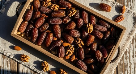 A Decadent Arrangement Of Dates, Nuts, And Sunlight-Kissed Wooden Tray