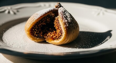 A Decadent Fig Delicacy Dusted With Powdered Sugar on Classic White Ceramic Plate