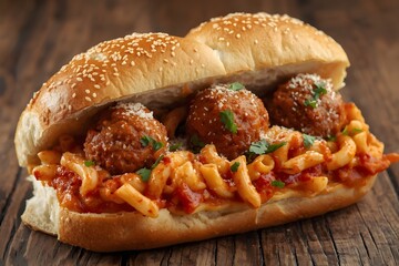 A burger bun filled with meatballs, pasta, sauce, and cheese.