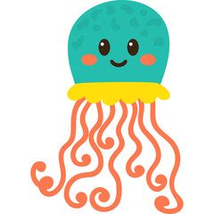 Cute Teal Jellyfish with Yellow Collar and Orange Tentacles on Transparent Background Cartoon Style