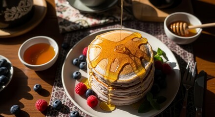 A Decadent Stack Of Pancakes Drizzled With Flavorsome Syrup For Breakfast