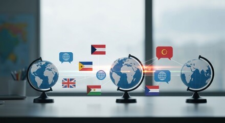 Three globes interconnected with flags and speech bubbles near a window