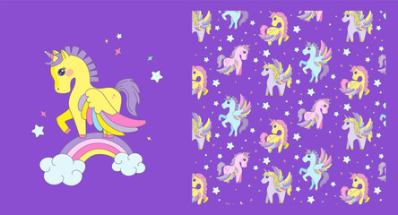 Charming vector illustration featuring colorful unicorns dancing over rainbows with stars on a purple background. Ideal for children s patterns, stationery, and whimsical designs.