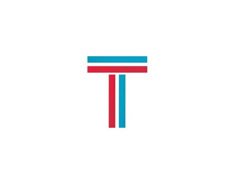 Abstract letter "T" made of parallel red and blue stripes against a white backdrop