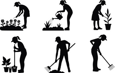 Gardening people silhouette, outdoor plant care, watering, raking, shoveling, pruning, horticulture activity, black icons, flat vector illustration