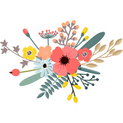 Decorative Floral Arrangement With Coral Pink Flowers Yellow Buds and Green Leaves on White Background with Transparent Effect