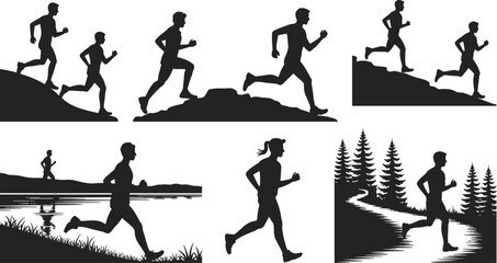Outdoor running silhouettes, trail joggers, fitness activity, nature workout, forest runners, athletic motion, scenic exercise, vector sport icons – flat vector illustration
