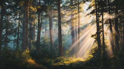 Obraz premium cinematic forest in early morning light, Sunbeams pierce through tall trees, calm peaceful atmosphere. Mist between trunks, golden light, soft focus