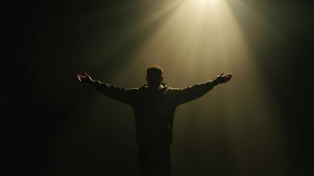 Man in Hoodie Standing Under Spotlight with Arms Open in Dark Studio Space