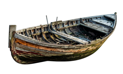 Old weathered wooden row boat abandoned, decaying, moss-covered hull, rustic textures, isolated on white background, symbolizing neglect and time passage.