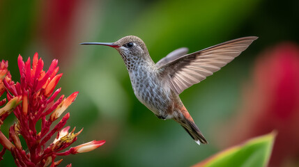 Hummingbird mid-flight near tropical flower, shallow depth