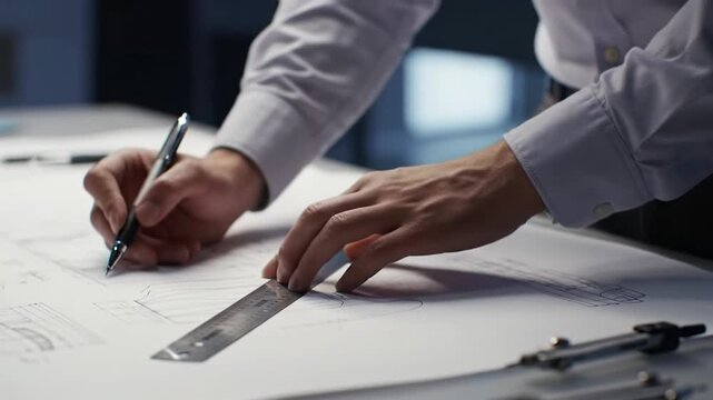 gender-neutral hands meticulously draw intricate technical blueprints and schematics on white paper at a modern workstation in a bright studio, with elegant bokeh and studio lighting. Concept of