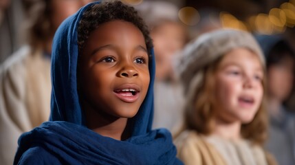 Children participating in a nativity play during a Christmas service, emotion of joy and excitement visible, symbolizing festive religious storytelling, holiday community engagement, and