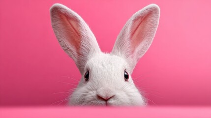 Obraz premium cute white rabbit face peeks from above, long ears framing image against bright pink background, Easter bunny concept