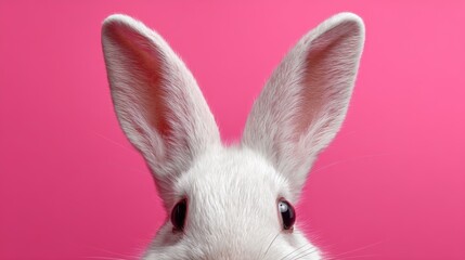 Obraz premium cute white rabbit face peeks from above, long ears framing image against bright pink background, Easter bunny concept