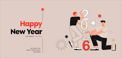 Happy New Year 2026 and Merry Christmas flat illustration, modern holiday greeting card design with people celebrating new year, festive background, minimal vector style for winter holidays.