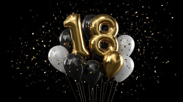 Golden number 18 balloons, confetti, celebrating eighteenth birthday