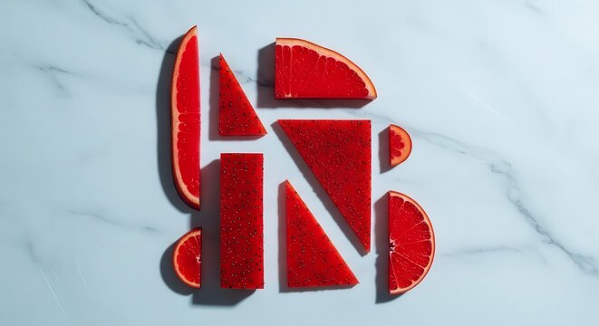 Abstract Arrangement Of Sliced Grapefruit With Geometric Shapes On A Marble Surface