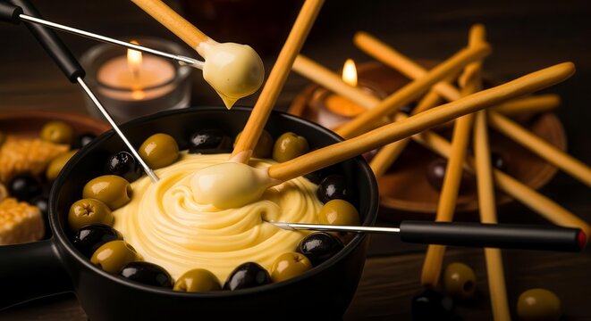 A Delightful Cheese Fondue Experience with Olives and Breadsticks, Warm Ambiance - Powered by Adobe