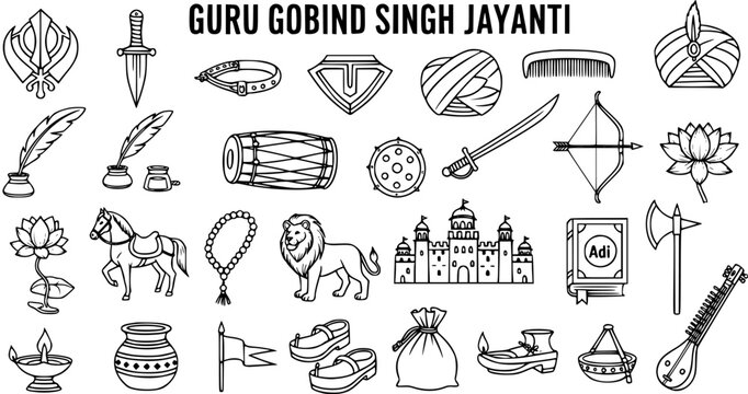 Guru Gobind Singh Jayanti Icons: Sikhism Religious Symbols in Outline