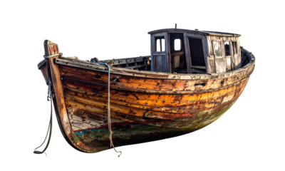 Weathered wooden rowboat on white background, showing aged planks, rustic textures, and moss, perfect for themes of nostalgia, abandonment, or maritime history.