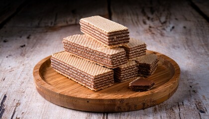 Pile Of Wafer Filled With Cocoa Cream Flavored On Wooden Plate
