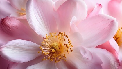 Fototapeta premium Close Up Of Delicate Pink And White Flower Petals With Yellow Stamens On Textured Soft Pastel Background Beautiful Floral Composition