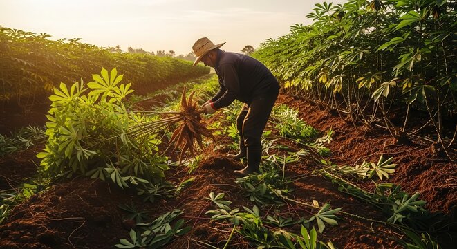 A Farmer Harvesting Cassava Roots In The Field During Golden Hour Sunlight.