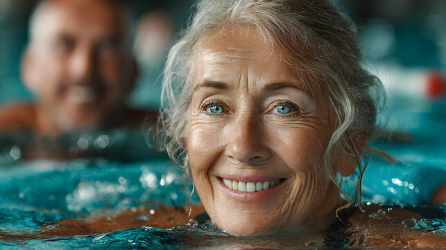 smiling senior woman doing aqua fitness with swim noodles happy mature healthy woman taking fitness classes in aqua aerobics healthy old woman holding swim noodles doing aqua gym with young trainer n