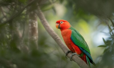 Vivid parrot with red head, green wings, perched on branch, surrounded by foliage