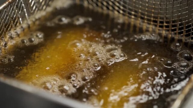 高温の油が描く揚げ調理のダイナミックな泡立ち