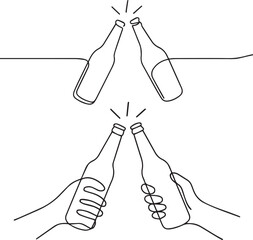 One Line Drawing of Beer Bottles Clinking in Celebration.