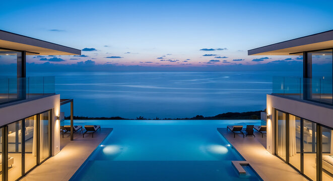 Luxury Villa Infinity Pool Overlooking Ocean at Dusk. Upscale Tropical Resort