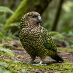 Obraz premium Kea parrot standing on mossy forest floor in misty woodland, cinematic 4K wide-angle wildlife photography