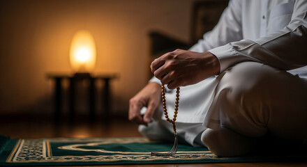 Muslim praying with beads on prayer rug Religious devotion in quiet room illuminated by lamp