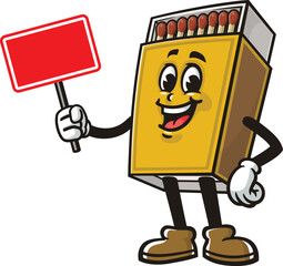 Matchstick box mascot cartoon holding a blank sign