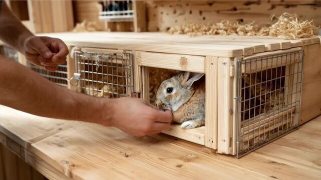 Hands fixing hinges on a wooden and wire enclosure finalizing a safe and comfortable rabbit hutch with a clean organized workbench background.