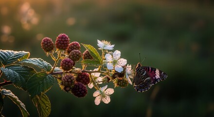 A Majestic Butterfly Perched Gracefully Among Berries and Blossoms in Ambient Sunlight