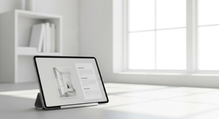 Tablet displaying content on a white desk near a bright window.