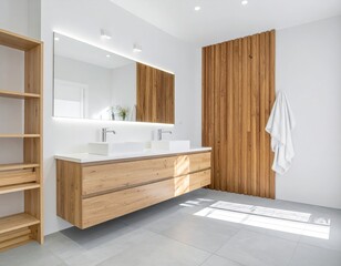 Modern Bathroom Design Featuring Wooden Vanity, Mirror, and Wooden Wall Panel