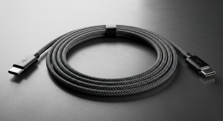 Braided usb type c cable coiled on dark surface background