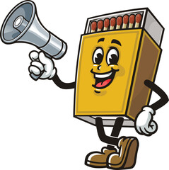 Cartoon mascot of matchstick box holding a megaphone or loudspeaker