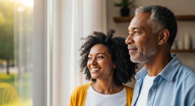 Couple looking out window bathed in bright morning sunlight indoors