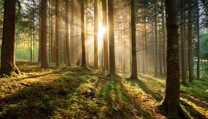 Naklejka premium Sunshine Shining Through The Trunks Of The Trees In The Forest