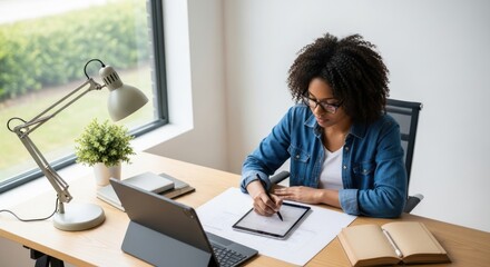 Woman drawing on tablet at bright modern desk near window.