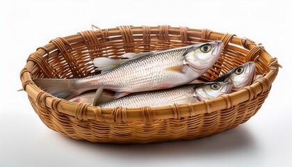 Fresh Fish In A Woven Basket On A White Isolate Background