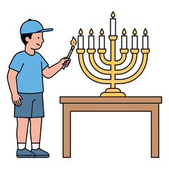 Boy Lighting Menorah Vector Illustration