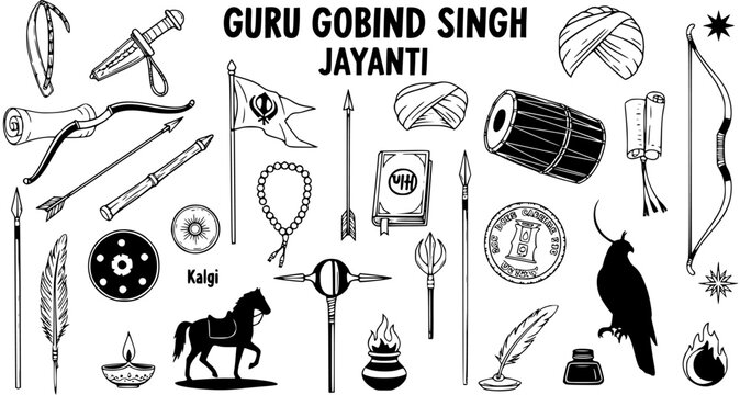 Guru Gobind Singh Jayanti Sketch Set: Collection of Sikhism symbols including Khanda flag, kirpan, turban, bow, baaz, horse, and religious artifacts. Hand-drawn cultural elements.
